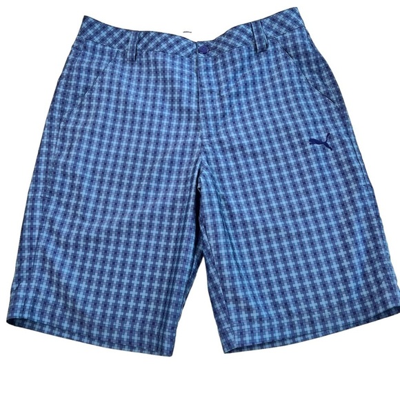 PUMA Dry Cell Golf Shorts Blue Plaid Polyester Flat Front Men's Size 32 - Picture 1 of 13